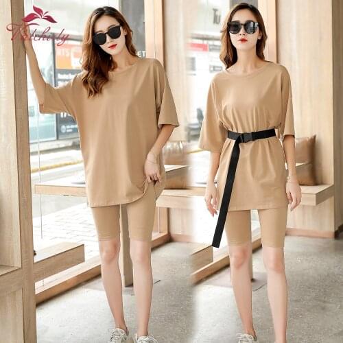 Spandex Cotton Casual Women Two Pieces Suit Home Loose T Shirt Sports Tracksuits Solid Outfits Leisure Bicycle Summer Costume