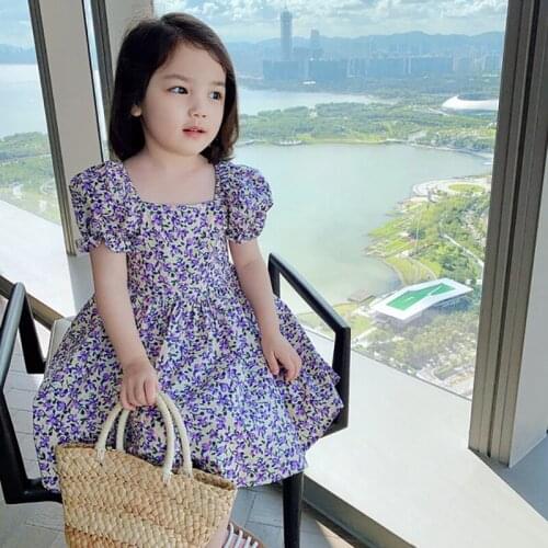 Summer Baby Girls Floral Square Collar Dress Fashion Cute Toddler Kids Puff Short Sleeve Little Princess Dresses