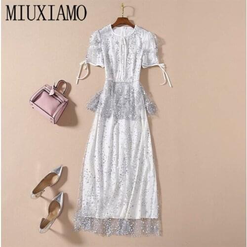 MIUXIMAO High Quality 2020 Summer Dress Party Casual Beach Vintage Elegant Fashion Sequins Embroidery Dress Women Vestidos