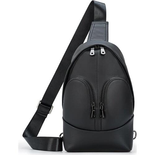 Man Black Chest Pack Bags Genuine Leather Casual Fashion Travel Business Chest Shoulder Bag Male