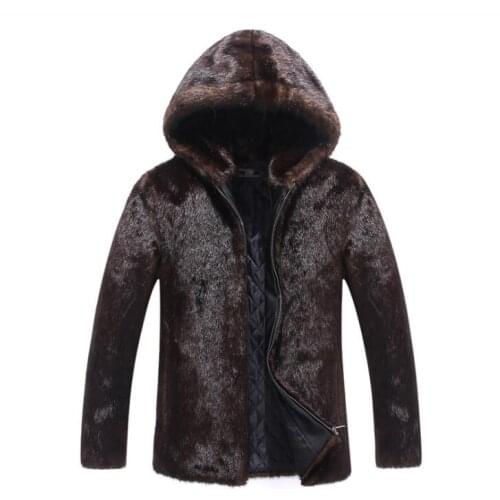Hooded Autumn faux mink leather jacket mens winter thicken warm fur leather coat men slim jackets fashion stand collar brown