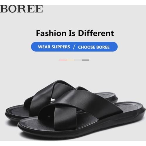 Men Slippers Summer Flat Sandals Genuine Leather Slippers Outdoor Beach Male Shoes Non-slip Fashion Trend Casual Single Shoes