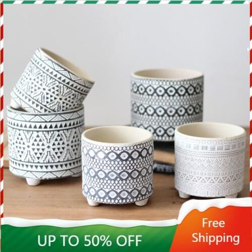 Ceremic Plant Pot Set Legs Bathroom Simple Cactus Hand Carved Flowerpot Europe Home Succulents Macetero Desk Decoration ZZ50HP