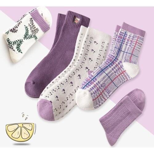 New purple socks cute womens middle tube cotton double needle socks winter plus velvet thick warm long tube towel socks