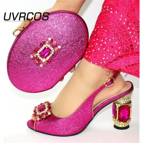 New Nigerian Party Pumps African Shoes and Bag Set Decorated with Rhinestone Sexy Heels Shoe and Matching Bag for Nigeria Party