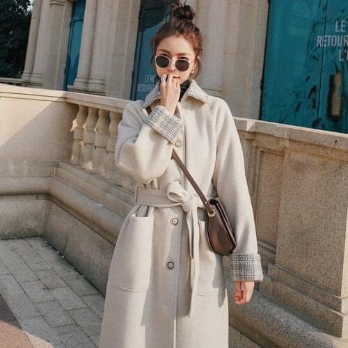 HSTAR 2020 autumn winter womens fashion loose long over-the-knee thickening woolen coats female Plaid Splicing Outerwear Coat