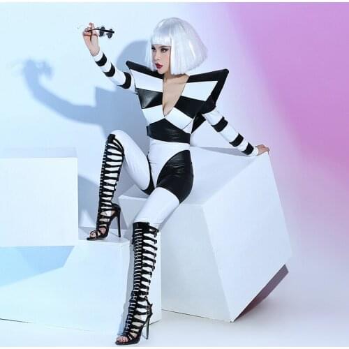 Sexy Nightclub Ds Singer Rave Clothes Black White Stripe Jumpsuit Jazz Dance Costumes Bar Dj Performance Stage Outfits SL2448