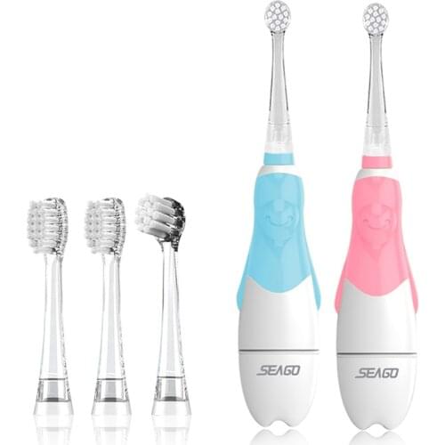 Seago Children Sonic Electric Toothbrush Kids Battery Power for 0-12 Years old Baby Smart Timer Waterproof + 4 Soft Brush Heads