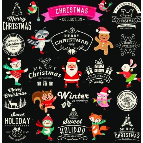 VinylBDS Black Background Santa Claus Cute Cartoon Animals For Children Christmas Photography Backdrops