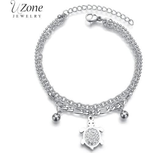 UZone Crystal Tortoise Charm Bracelet 2 Layer Stainless Steel Hollow Turtle Animal Bracelet For Women Bitthday Gift Bijoux Femme