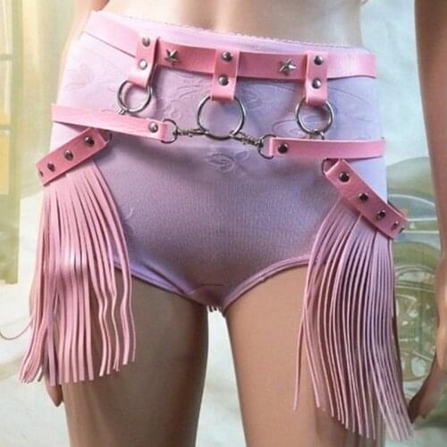 Goth Leather Garter Belt Women Sexy Boho Tassel Skirt Waistband Buttocks Harness Bondage Suspenders Club Rave Costume Fetish