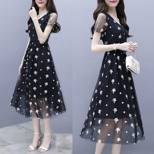 Fashion Summer Women Floral Perspective Short Sleeve V-neck Mesh Chiffon Embroidery Dress Office Lady Vestido Party 3539