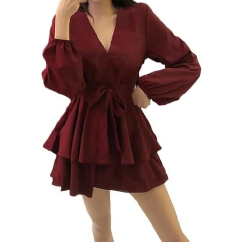 Girls V-neck A-lineskirt Loose High Waist Cross Tie Long Sleeve Women Dress