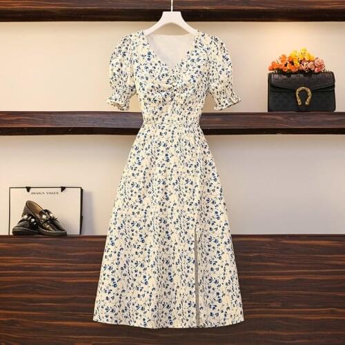 2021 Summer New Style Shows Thin Fashion Temperament Print French Medium Length Dress For Women