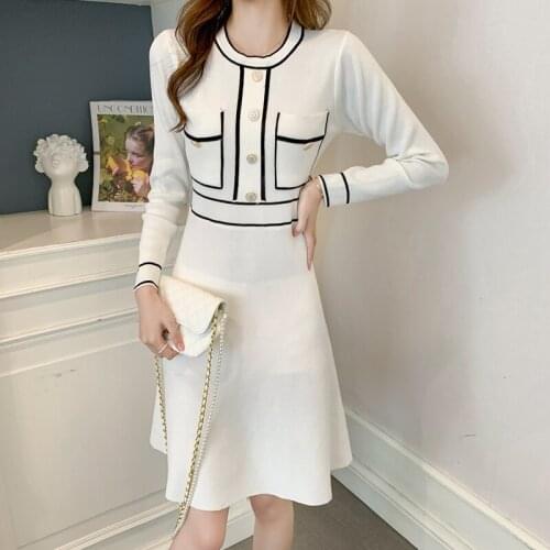 Button A-Line O-Neck Long Sleeve Knitted Dress Women Elegant Party korean Fashion Office Lady Autumn Winter 2021 Robe Femme