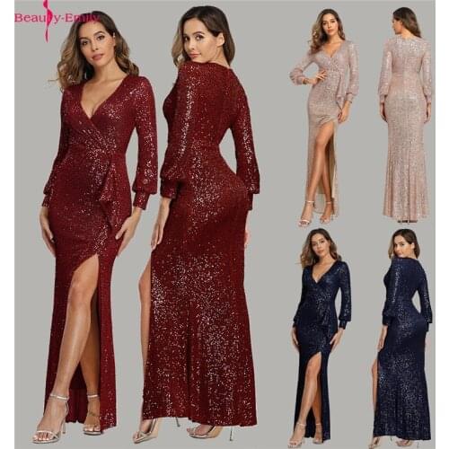 Beauty Emily Elegant Sequined Long Sleeve Mermaid Evening Dress 2020 New Arrival Sexy V Neck Gold Dress with High Split