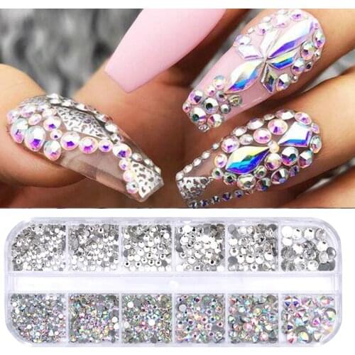 12 Grids/Box Colorful Crystal Nail Rhinestone Gold Silver Gems Mixed Size Flat Bottom Glass 3D Nails Art Decoration 1440pcs/Box