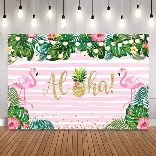 Aloha Flamingo Birthday Backdrop Pink and White Stripes Photo Background Studio Green Leaves Photocall Pineapple Girls Newborn