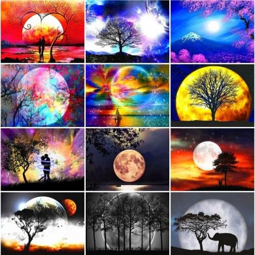 AZQSD 5D Diamond Embroidery Moon Tree Mosaic Needlework Diamond Painting Landscape Cross Stitch Rhinestones Home Decor