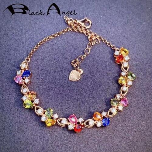 BLACK ANGEL 18K Rose Gold Candy Color Tourmaline Four Clover Bracelet For Women CZ Crystal Gemstone Silver Jewelry Wedding Gift