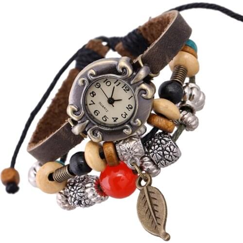 Top New Hot Sale High Quality Women Genuine Leather Vintage Bracelet Wristwatches Leaf Pendant Watch Man Student School