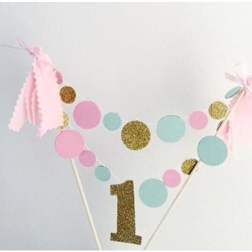 Handmade 2 Layer One Birthday Cake Topper Gold 1 Cake Decoration Blue Pink Bow Cake Banner Baby shower Party Smash Cake Bunting