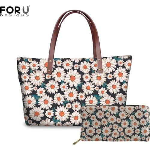 FORUDESIGNS 2pcs/set Daisy Print Women Handbags with Long Wallets Shoulder Bags Neoprene Ladies Tote Beach Bag for Womens