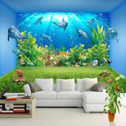 Custom Size Art 3D Murals Underwater World Dolphin Creative Stereoscopic Space Living Room TV Background Self Adhesive Wallpaper