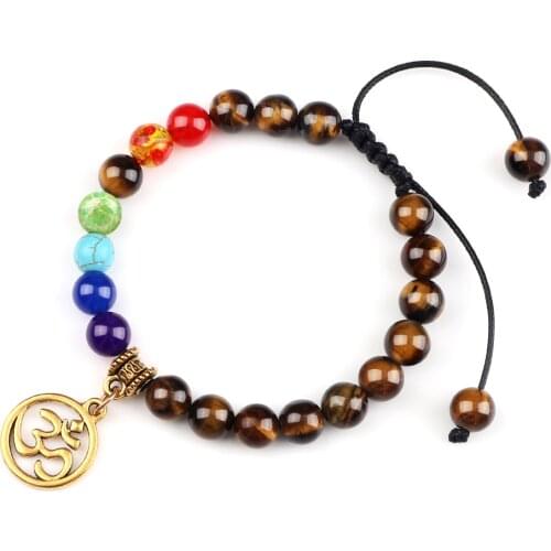 Healing 7 Chakra Beaded Bracelets Charm OM Mala Pendant Men Bracelet Buddhist Jewelry Lava Tiger Eye Stone Women Prayer Bangles