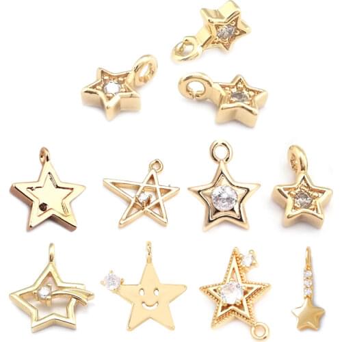 39621)10PCS 4.5x7MM Hole 1.2MM 24K Gold Color Brass and Zircon Star End Charms Pendants Jewelry Making Supplies Diy Accessories