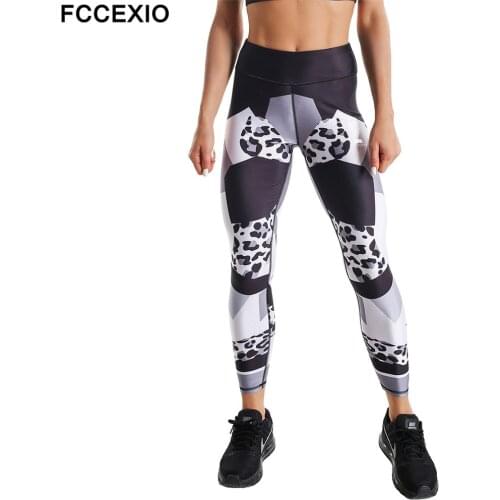 FCCEXIO Sexy High Waist Elasticity Women Leopard Patchwork Print Leggings Push Up Strength Pants Summer Fitness Run Trousers