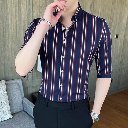 Plus size S-5XL 2021 new mens high quality brand shirt fashion casual three quarter striped shirt men business slim lapel shirt