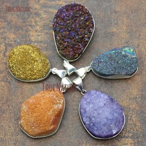 Wholesale Silver Electroplated Water Drop Shape Jewelry Findings Crystal Druzy Stone Accessory Charm Approx 35*26 mm PM11426