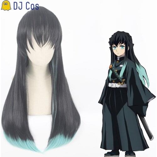Muichirou Tokitou Wig Long Black Cyan Anime Cosplay Wig Demon Slayer Kimetsu No Yaiba Long Heat Resistant Synthetic Hair+Wig Cap
