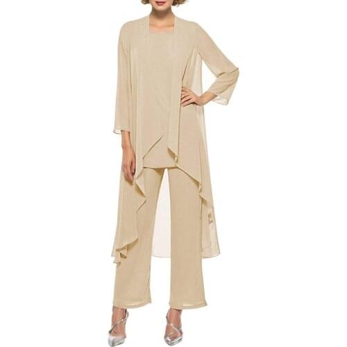 Mother of the Bride Dresses Plus Size Dress Blazer Champagne 2021 Chiffon Pantsuit 3 Pieces Wedding Party Guest Gown Dress