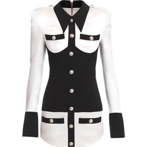 Satin Long Sleeve Dress Autumn Winter Silver Button Studded Black White Patchwork Turn-down Collar Dress Women