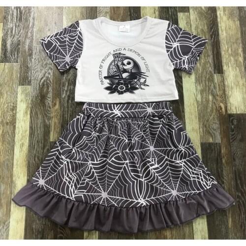Popular Fashion Kids summer Clothing Baby girl Halloween ghost spider white navel baring top lace skirt set