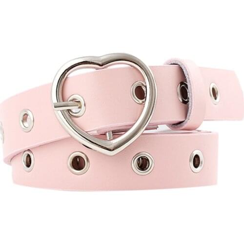 Cute Pink Leather Belt For Women Students Heart Metal Buckle Thin Belt For Streetwear Jeans Coat Dresses Accessories