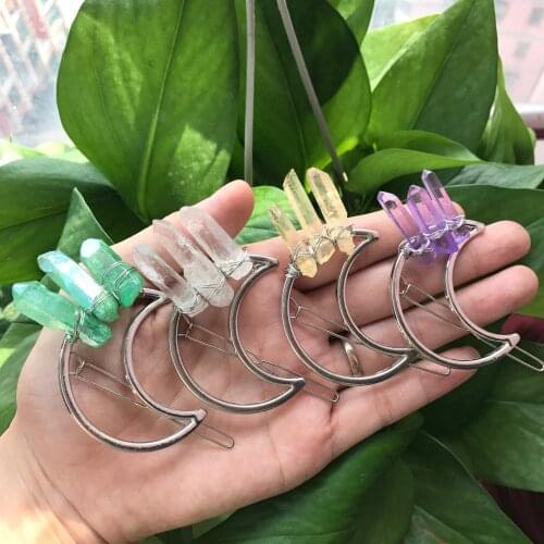 Silvery Wire Wrapped Quartz Point Brass Hair Clip Pins,Raw Crystal Party Bridal Crescent Moon Women Barrette Hair Jewelry QC5035