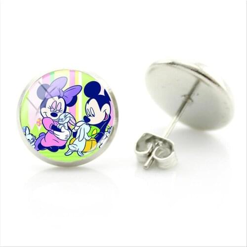 Disney Cute Cartoon Mickey Minnie Pattern Earrings Fashion Taste Earrings Glass Cabochon Fashion Style Jewelry Lovers
