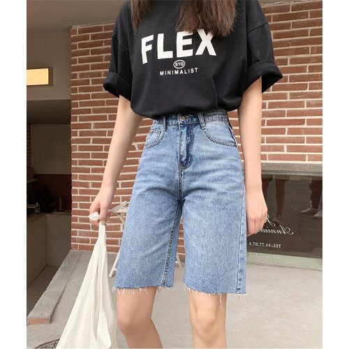 Light blue denim pants and color matching shorts for women in summer with raw edges, high waist, thin, straight, loose, small fi