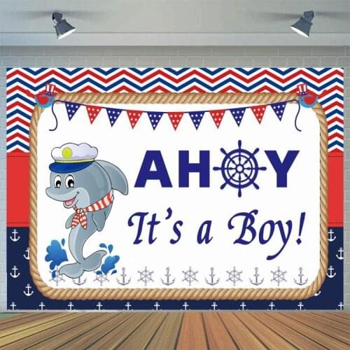 Pirate Theme It is a Boy Party Photo Backdrops Blue Navy Hat Little Dolphin Newborn Gender Reveal Celebrate Poster Backgrounds