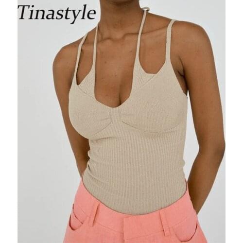 Tinastyle New Knitted Solid Short Crop Tops Women Skinny Halter Bandage Sweater Camis Female Sexy Sleeveless Tank Top Clubwear