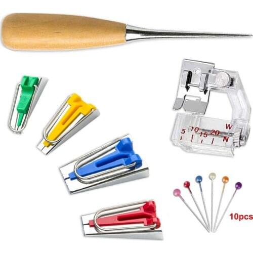 4 Type Bias Tape Maker + 10pcs Sewing Pins + 1pc Bias Binder Presser Foot + 1pc Quilting Awl DIY Sewing Machine Tool Set