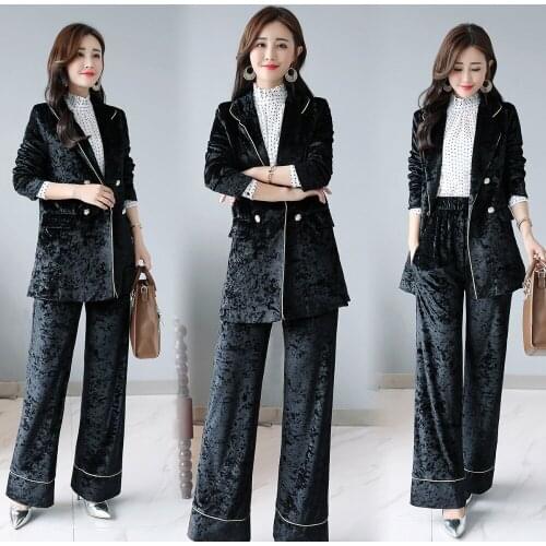 Spring Work Pant Suits OL Double Breasted velvet Blazer Jacket & Elastic waist Pant 2 Piece Sets Suit Women Outfits Feminino