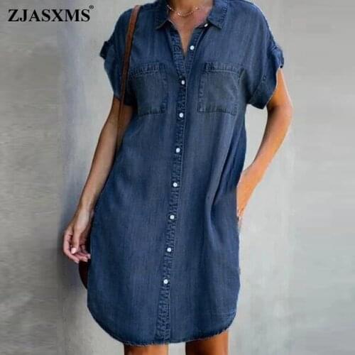 Spring Turn-down Collar Zipper Denim Dress Women Casual Button Solid Irregular Party Dress Summer Short Sleeve Pocket Mini Dress