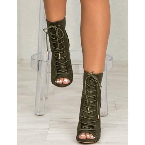GOOF LORON Womens fashion ankle boots, olive peep-toe boots, ladys boots