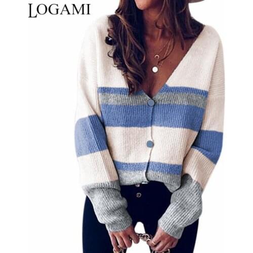 LOGAMI V Neck Single Breasted Striped Patchwork Cardigans for Women Long Sleeve Sweater Woman Street Wear