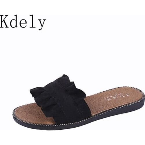 Summer Hot Sale Women Flip Flops Fashion Solid Color Flounce Flat Heel Sandals Outdoor Slipper Beach Shoes For Female Size 35-40