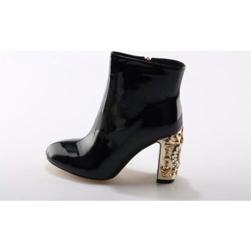 Vintage Watches and Clocks Crystal Heel Women Boot High Chunky High Rivet Studded Leather Boots Motorcycle Boots